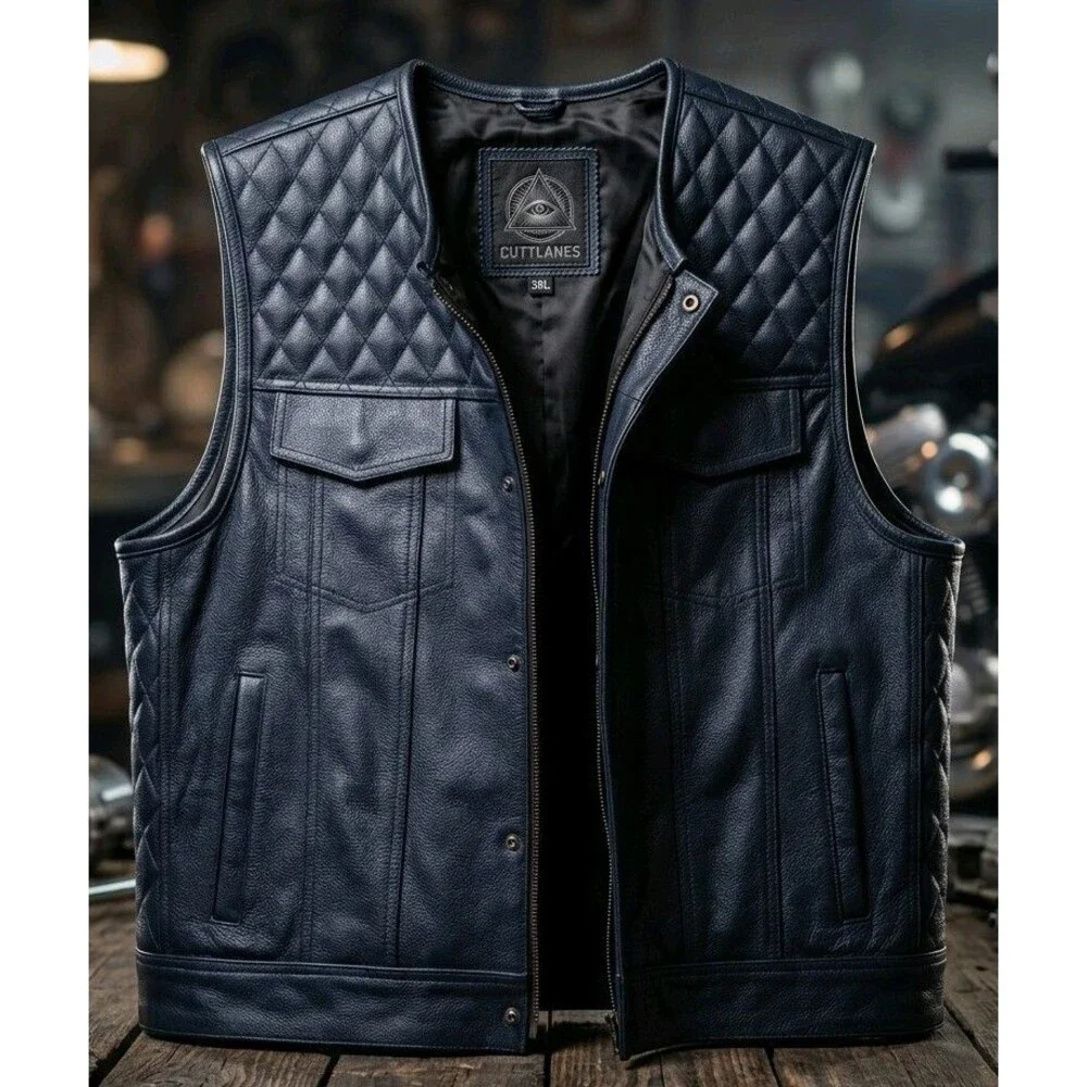 Cuttlanes Mens 3XL Navy Blue Leather Diamond Quilted Biker Motorcycle Vest CCW